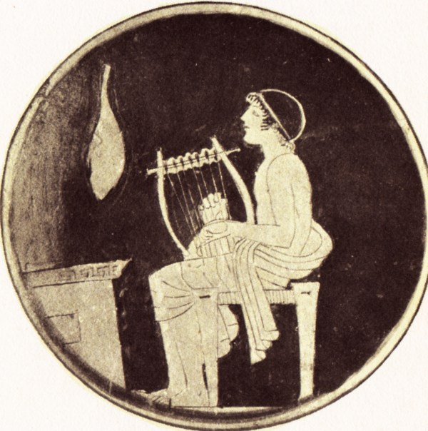 musico con arpa: la musica ebbe grande importanza presso i pitagorici
